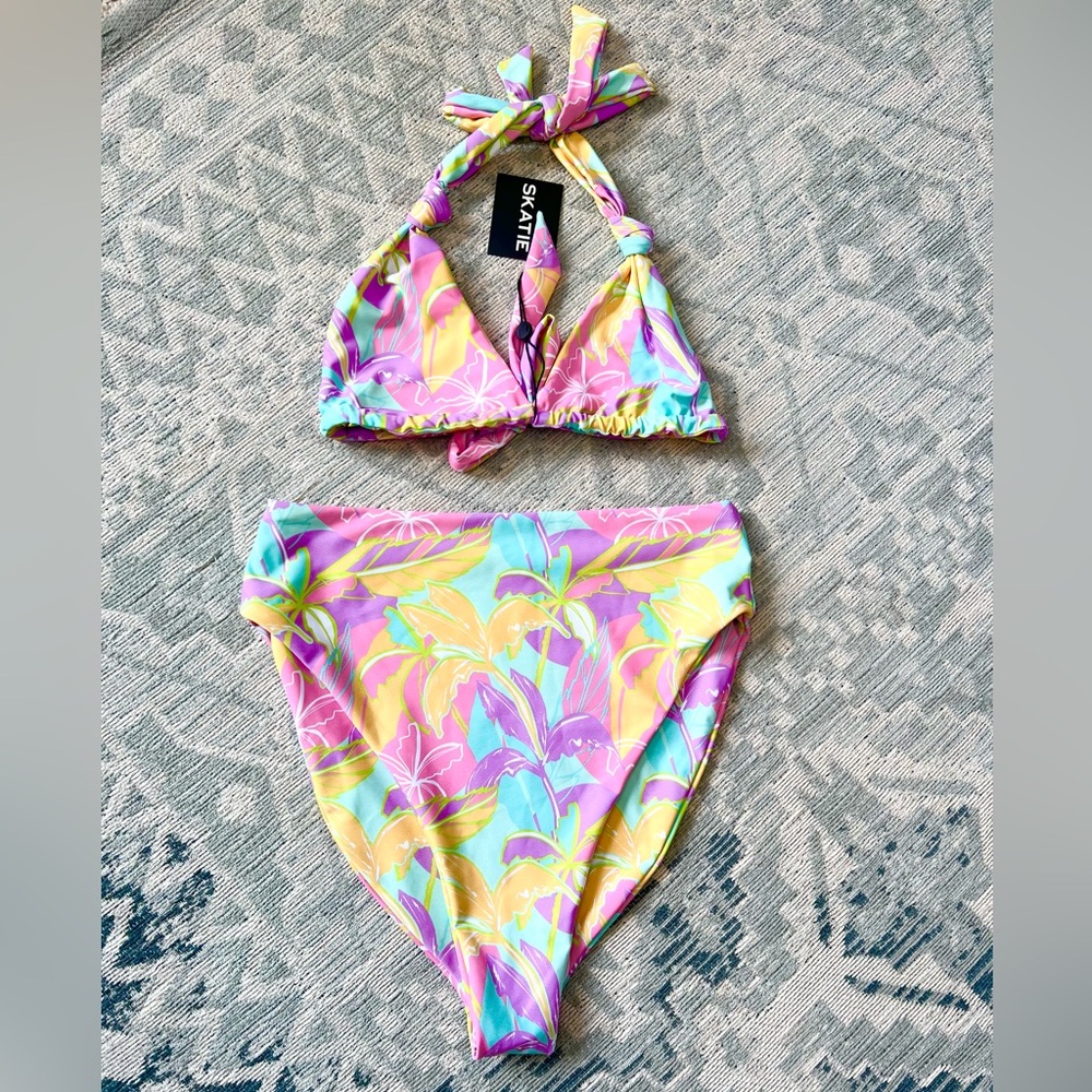 Skatie Tropical Pastel Floral Halter Bikini — Pink, Yellow, Aqua, Purple